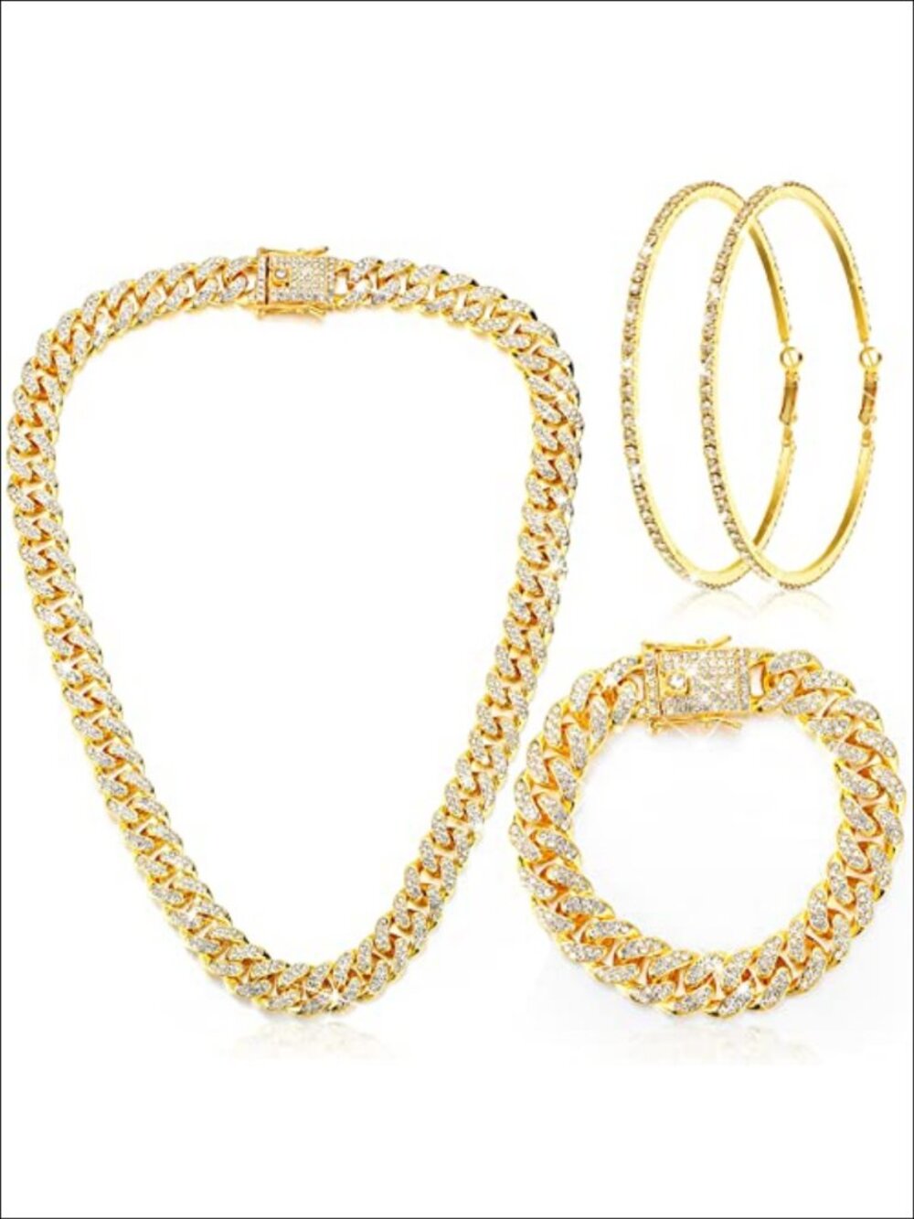 Cuban Link Necklace Bracelet Earrings Set Rhinestone Hip Hop Costume Jewelry